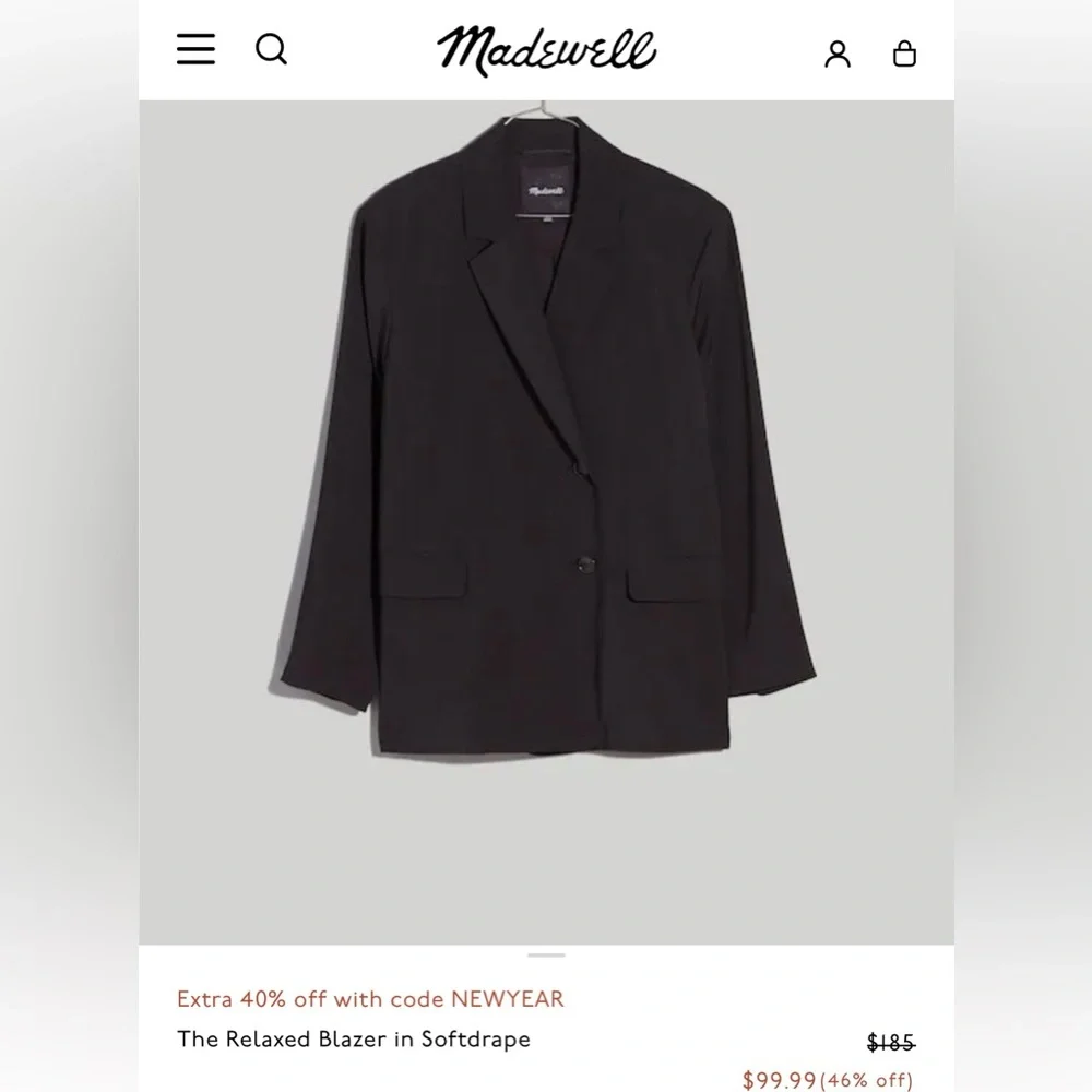 Madewell Jacket Relaxed‎ Fit Blazer in Softdrape True Black XS